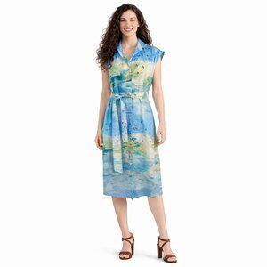 ZARA Large Sleeveless Watercolor Bird Print Button-Up Dress Cotton Belted